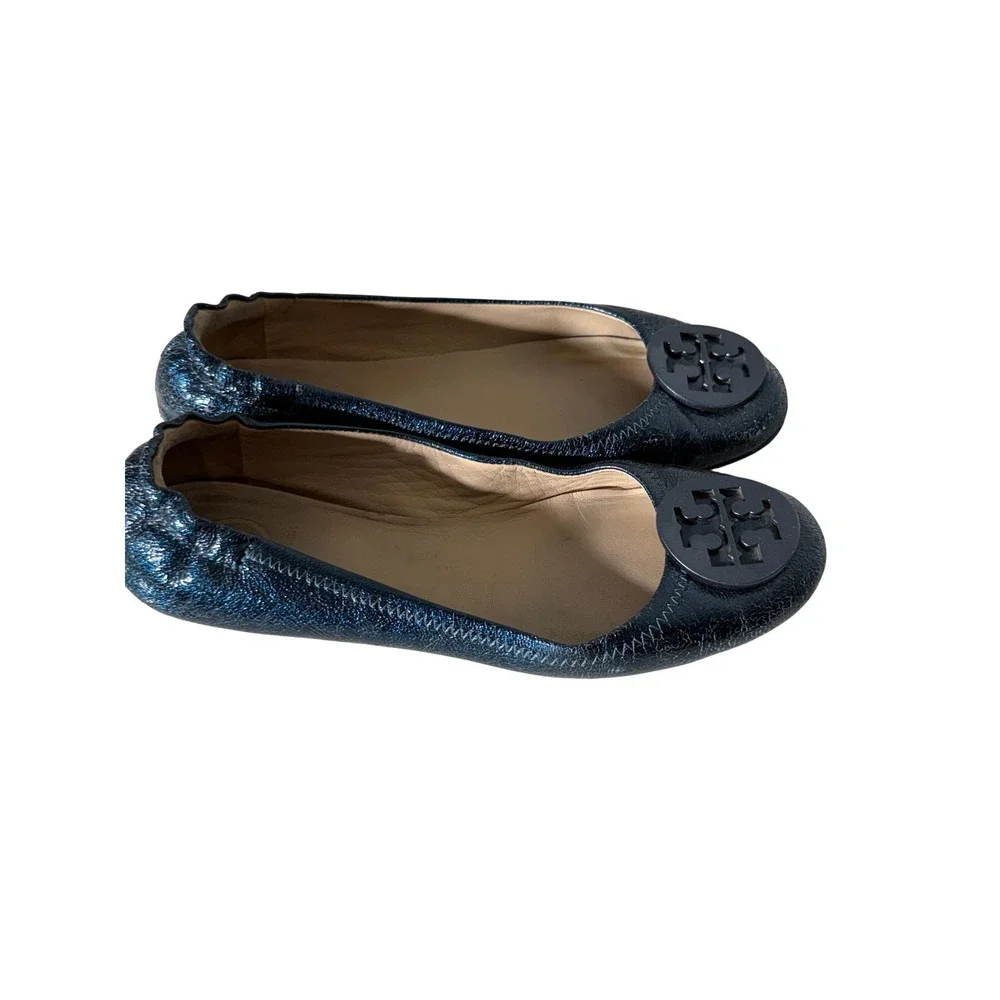 Tory Burch Reva Metallic Blue Cracked Leather Logo Ballet Flats Womens 7.5